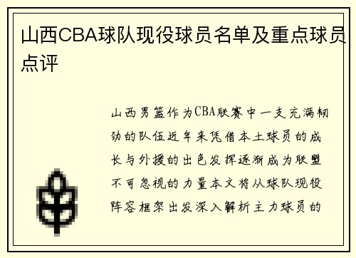 山西CBA球队现役球员名单及重点球员点评